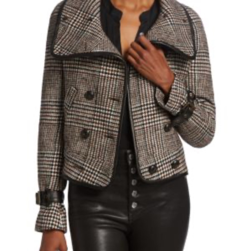 Women's Veronica Beard Houndstooth Double-Breasted Jacket with Leather Trim